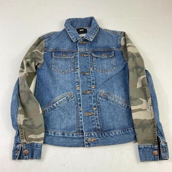 BDG Urban Outfitters Patchwork Denim Jean Jacket Camouflage 90s Streetwear XS - Picture 1 of 12